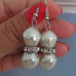 Faux Baroque Twin Pearl Dangle Drop EARRINGS Silver Tone w/ Rhinestones 2" Long